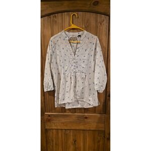 Legacy Falls Pullover Tunic Top Womens Large White Blue Birds Cotton V-Neck
